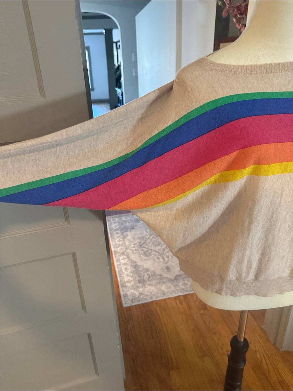 New Sundry Beige Sweater with Rainbow Stripes - Picture 2 of 5
